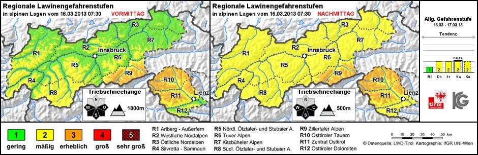 In Osttirol sowie den Zillertaler Alpen herrschen derzeit die vergleichsweise ungünstigsten Verhältnisse. Es gab einige Lawinenereignisse auch mit Personenbeteiligung. Frischen Triebschneepaketen sollte man konsequent ausweichen!