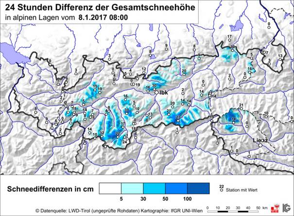 Kurzanalyse des Lawinenabgangs im Bereich der Henne – Skigebiet Fieberbrunn. Vorsicht: Inzwischen bildete sich neuer, zum Teil sehr störanfälliger Triebschnee