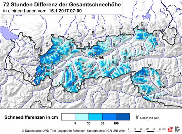 In Tirol war bei Lawinenabgängen während der vergangenen Tage oftmals viel Glück im Spiel. Vorsicht v.a. vom Waldgrenzbereich aufwärts. Darunter meist recht sicher mit gutem Pulverschnee
