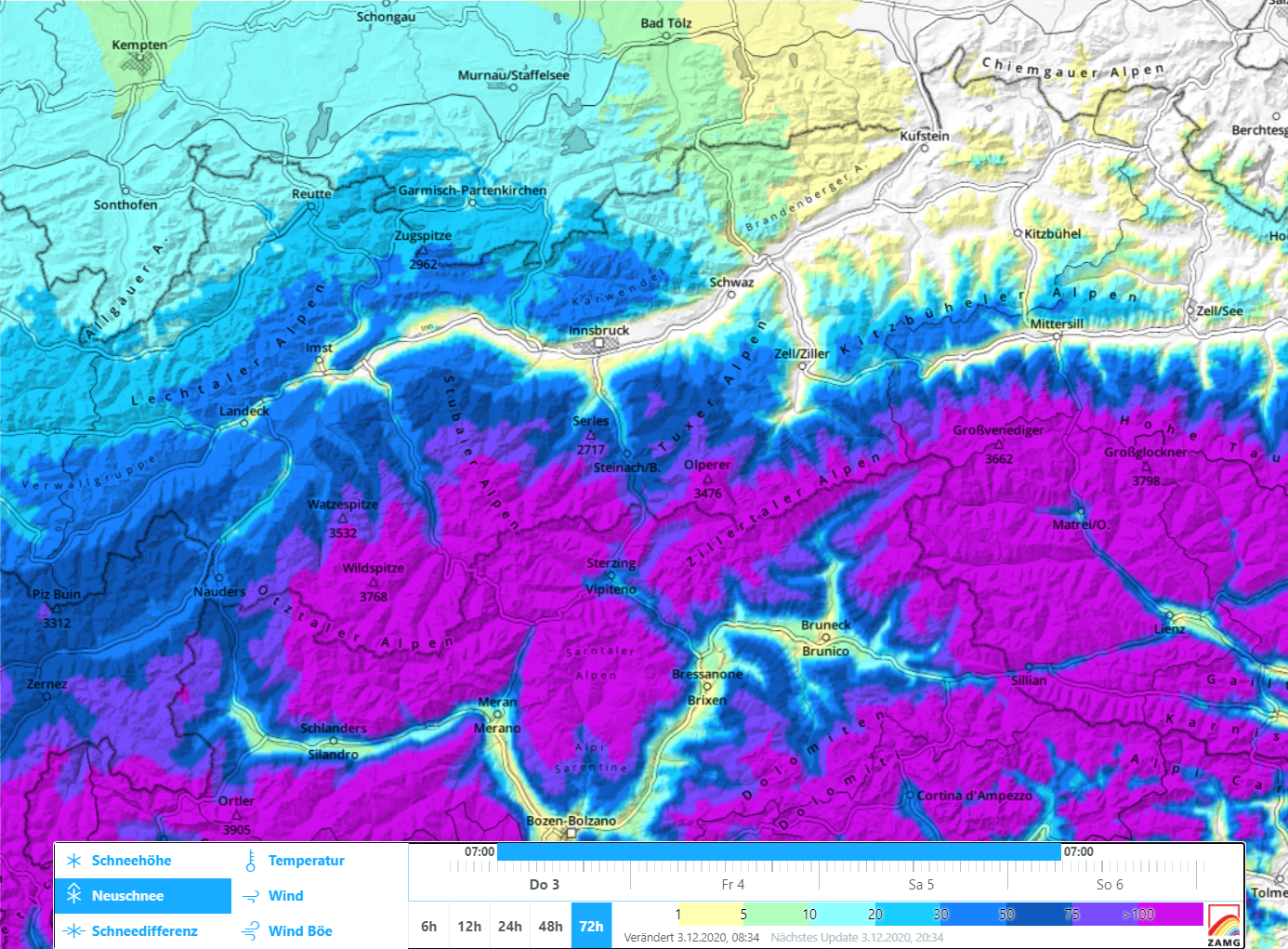 Die Kombination aus sehr viel Neuschnee und Sturm lassen die Lawinengefahr im Süden des Landes ab 05.12.2020 auf groß ansteigen