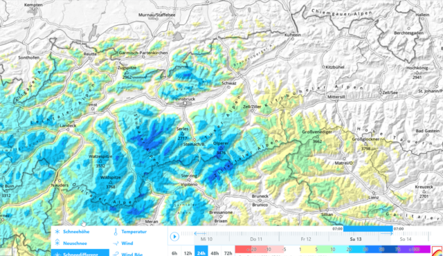 Niederschlagsverteilung 13.11. auf 14.11.2021. Hotspot mit 40cm Neuschnee lag damals in der Axamer Lizum in den Stubaier Alpen. Niederschlagsverteilung 13.11. auf 14.11.2021. Hotspot mit 40cm Neuschnee lag damals in der Axamer Lizum in den Stubaier Alpen.