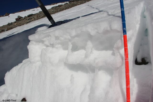 Schneeprofil auf 2685m, SW, 36°. Interessant sind die zwischen und unterhalb von Schmelzkrusten vorhandenen, gefrorenen Wasserkanäle, welche stabilisierend wirken. (Foto: 19.01.2022)
