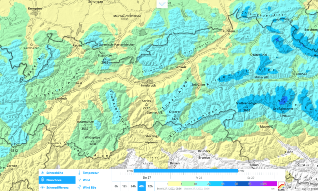 48h Neuschneeprognose bis Samstag, 29.01.2022 Früh