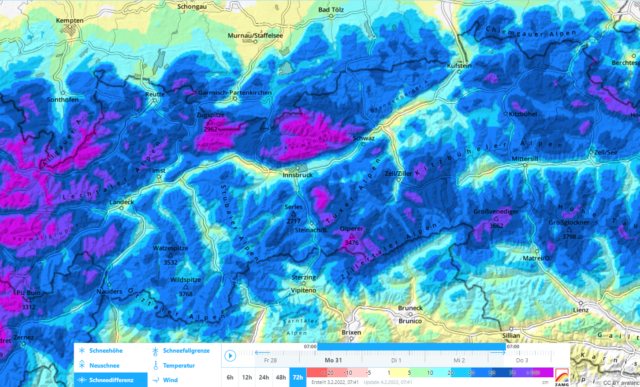 72h-Differenz der Gesamtschneehöhe. In Staulagen kamen lokal etwas mehr als 200cm Neuschnee zusammen!