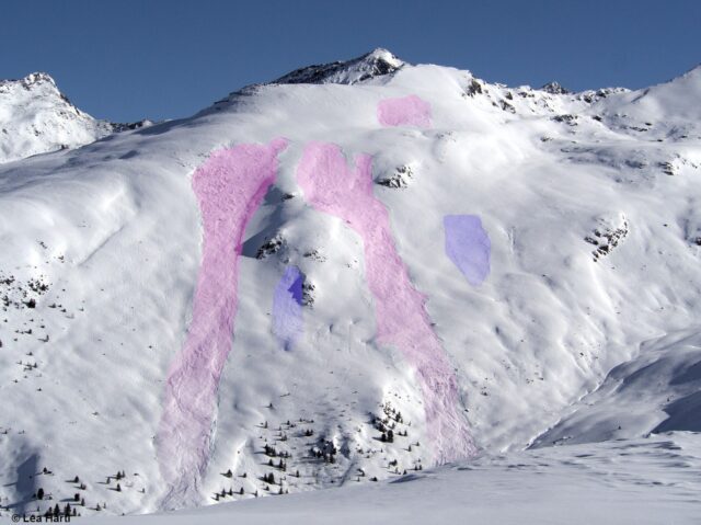 Spontane Lawinenabgänge Medrig (Variantengebiet des Skigebietes See im Paznauntal). Vergleiche Foto von diesem Blogeintrag) (Foto: 12.02.2022)