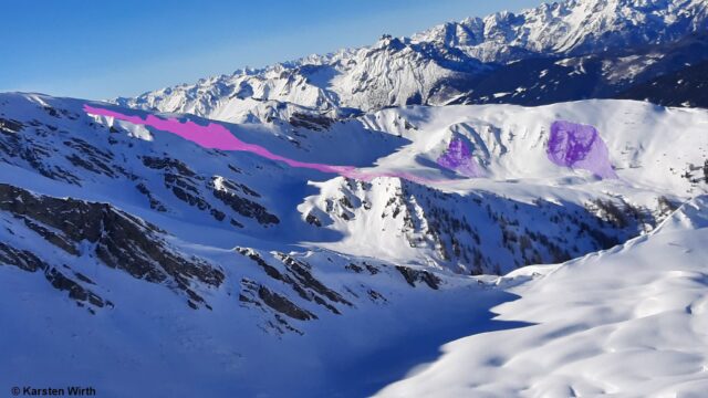Sehr große Schneebrettlawine Schafseitenspitze (magenta). Durch den Lawinenabgang wurden zwei weitere Schneebrettlawinen fernausgelöst (violett). Foto: 13.02.2022