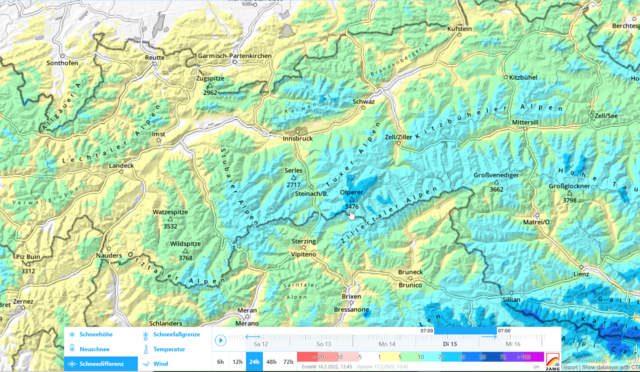 24h Neuschneesumme 15.12. auf 16.12.2022 (bis zu 40cm waren es am Karnischen Kamm im Südlichen Osttirol 24h Neuschneesumme 15.12. auf 16.12.2022 (bis zu 40cm waren es am Karnischen Kamm im Südlichen Osttirol