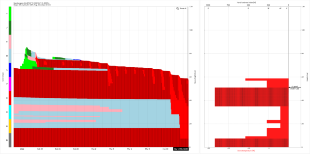 Simulation des Schneedeckenaufbaus mit Hilfe des Schneedeckenmodells SNOWPACK. Selber Standort wie bei der oberen Wetterstationsgrafik (Sonnbergalm oberhalb von Obergurgl). Großer Unterschied: Schneedecke wurde für einen 38° steilen Südhang simuliert. Links: Schnitt durch die Schneedecke vom 22.02. bis 12.03.2022: Rote Schichten repräsentieren Schmelzformen. Rechts: Härteprofil der Schneedecke vom 12.03.2022 12:00 Uhr. Die Schneedecke ist bereits isotherm, d.h. bis zum Boden 0°C!