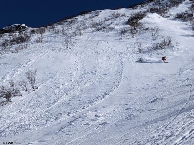 Ein Wintersportler löste unmittelbar zuvor während der Abfahrt die am Bild ersichtlichen Lockerschneelawinen aus, die ihn während seiner Weiterfahrt nicht gefährdeten. Silvretta (Foto: 08.03.2022)