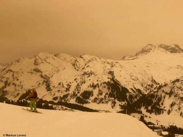 Bild ohne Filter: Saharastaub im Arlberggebiet (Foto: 15.03.2022) Bild ohne Filter: Saharastaub im Arlberggebiet (Foto: 15.03.2022)