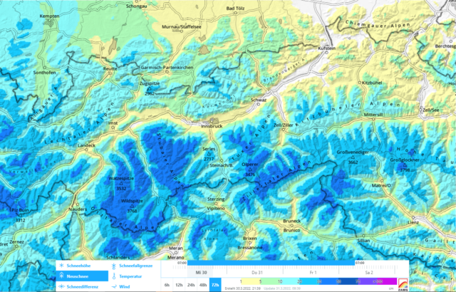 72h-Neuschneesumme bis Sonntag, 02.04.2022 72h-Neuschneesumme bis Sonntag, 02.04.2022