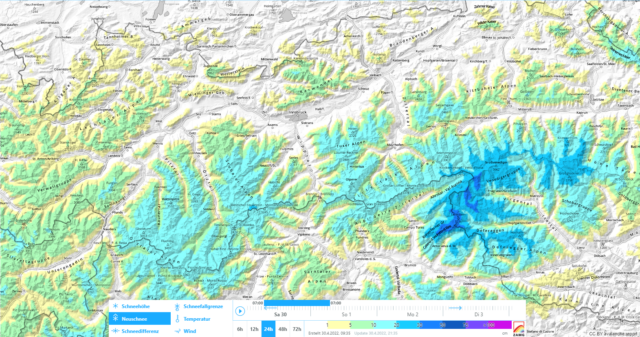24h-Neuschnee am 30.04.2022. In Osttirol schneite es am meisten. Erhöht war dort kurzfristig auch die Lawinenaktivität