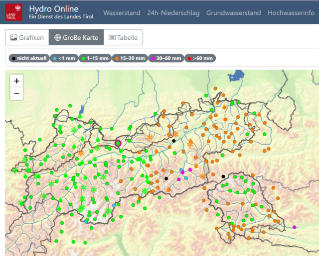 Ein ähnliches Bild zeigt die Karte der 24h-Niederschlagssumme (04.11. auf 05.11. 08:00 Uhr) von Hydro Online.