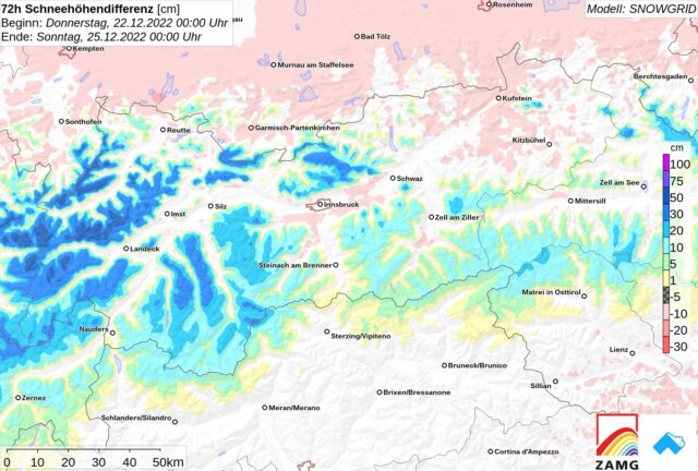 In tiefen und mittleren Lagen schmolz der Schnee durch Regen dahin. Die Regengrenze lag meist um 2300m. Oberhalb etwa 2200m-2400m schneite es v.a. im Westen des Landes 30-50cm, lokal auch mehr.