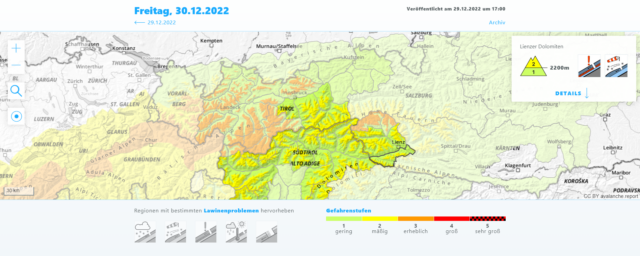 Günstiger sind die Verhältnisse abgesehen vom nördlichen Osttirol in den südöstlichen Regionen Tirols. Allerdings liegt auch dort für die Jahreszeit zu wenig Schnee. Günstiger sind die Verhältnisse abgesehen vom nördlichen Osttirol in den südöstlichen Regionen Tirols. Allerdings liegt auch dort für die Jahreszeit zu wenig Schnee.