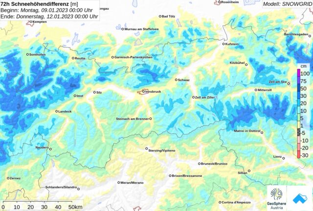 72h Schneehöhendifferenz zwischen 09.01. und 12.01.2023