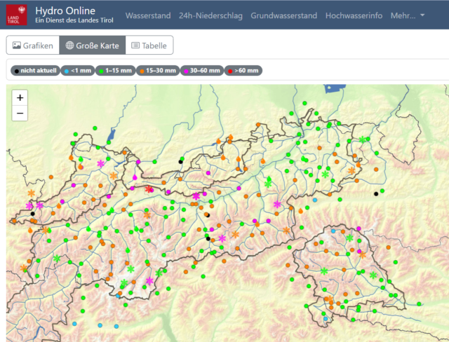 24h Niederschlagsverteilung vom 03.02. auf den 04.02. 10:00 Uhr. Dabei regnete es meist zwischen etwa 1100m und 1400m hinauf.