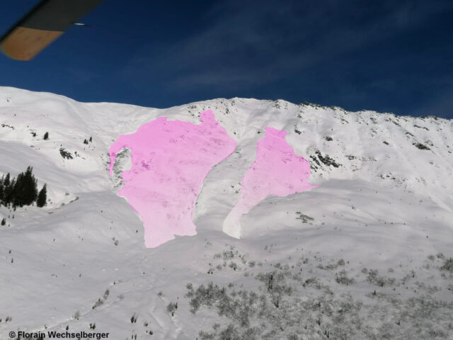 Lawinenabgänge Kellerjoch vom 12.02.2023. Extrem steil südseitig. Anrissgebeit um 2100m.