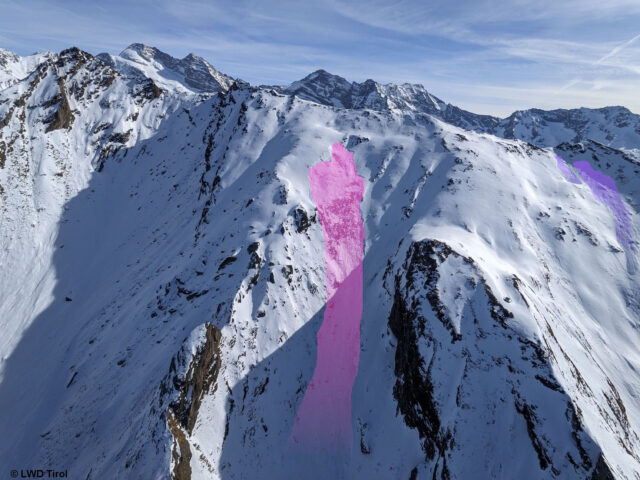 Lawinenabgänge Gampesspitze (links) und Gammerspitze (rechts) jeweils mit Personenbeteiligung, jeweils unverletzt, 2500m, Nord (Foto: 21.02.2023)