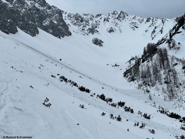 Mieminger Gebirge. Lawinenkegel von kürzlich abgegangenen, nassen Lockerschneelawinen (Foto: 23.03.2024)