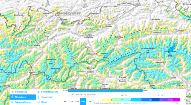 Neuschneeprognose von heute, 24.03. auf morgen 25.03.2023