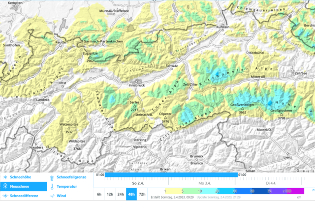 Neuschnee von Anfang der Woche (02.04.-03.04.) Am meisten schneite es im Osten Nordtirols sowie im nördlichen Osttirol