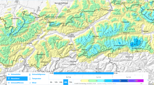 48h Neuschneeprognose ab heute, Karfreitag, 07.04.2023