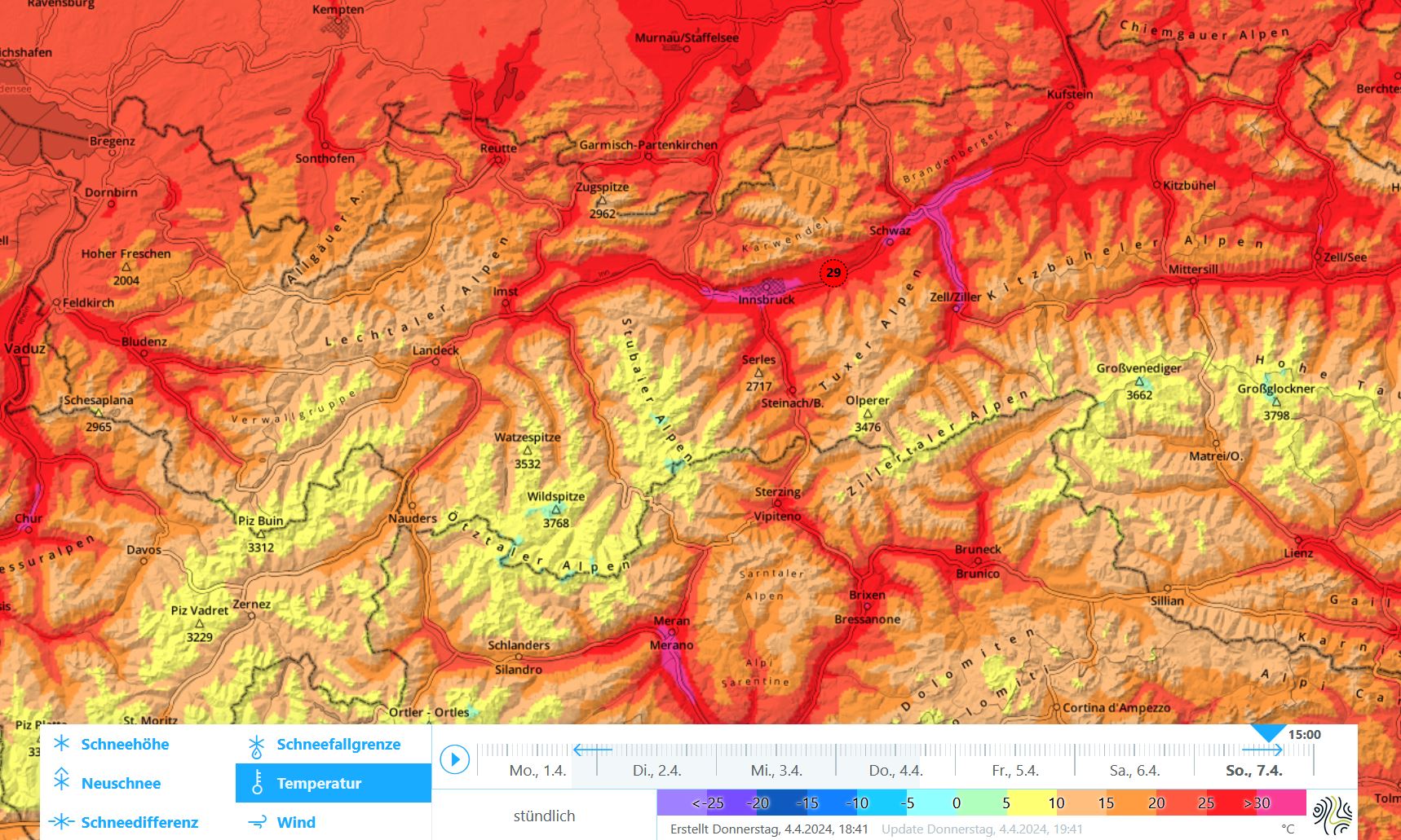 Prognostizierte Temperaturen für Sonntagnachmittag, 07. April. Im Inntal sind gebietsweise bis 30 Grad möglich.