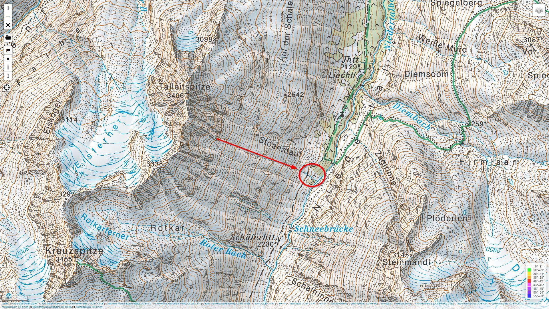 Die Lawine löste sich unterhalb der Talleitspitze
