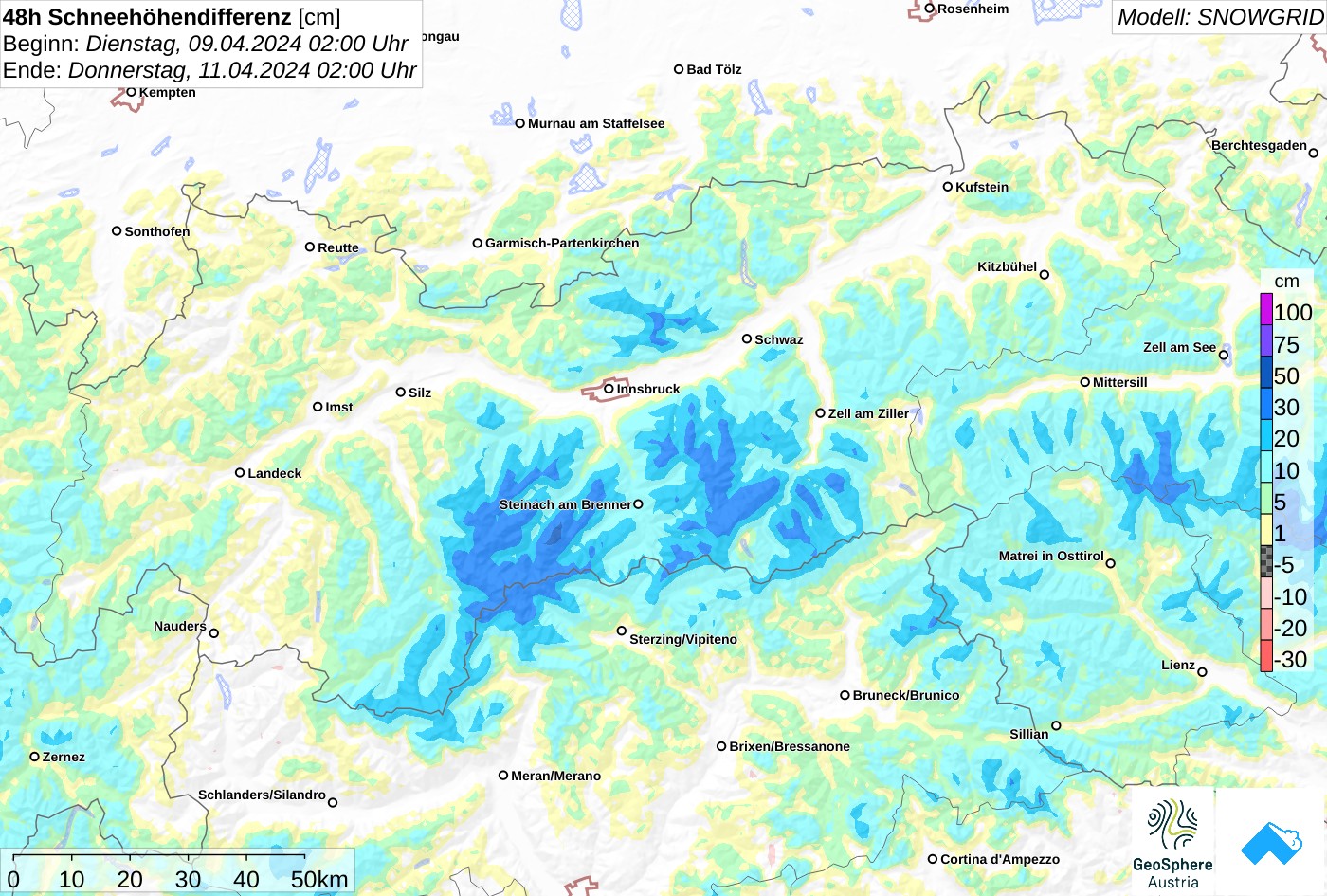 Die Karte zeigt die 48h Schneehöhendifferenz ab dem 09.04.2024