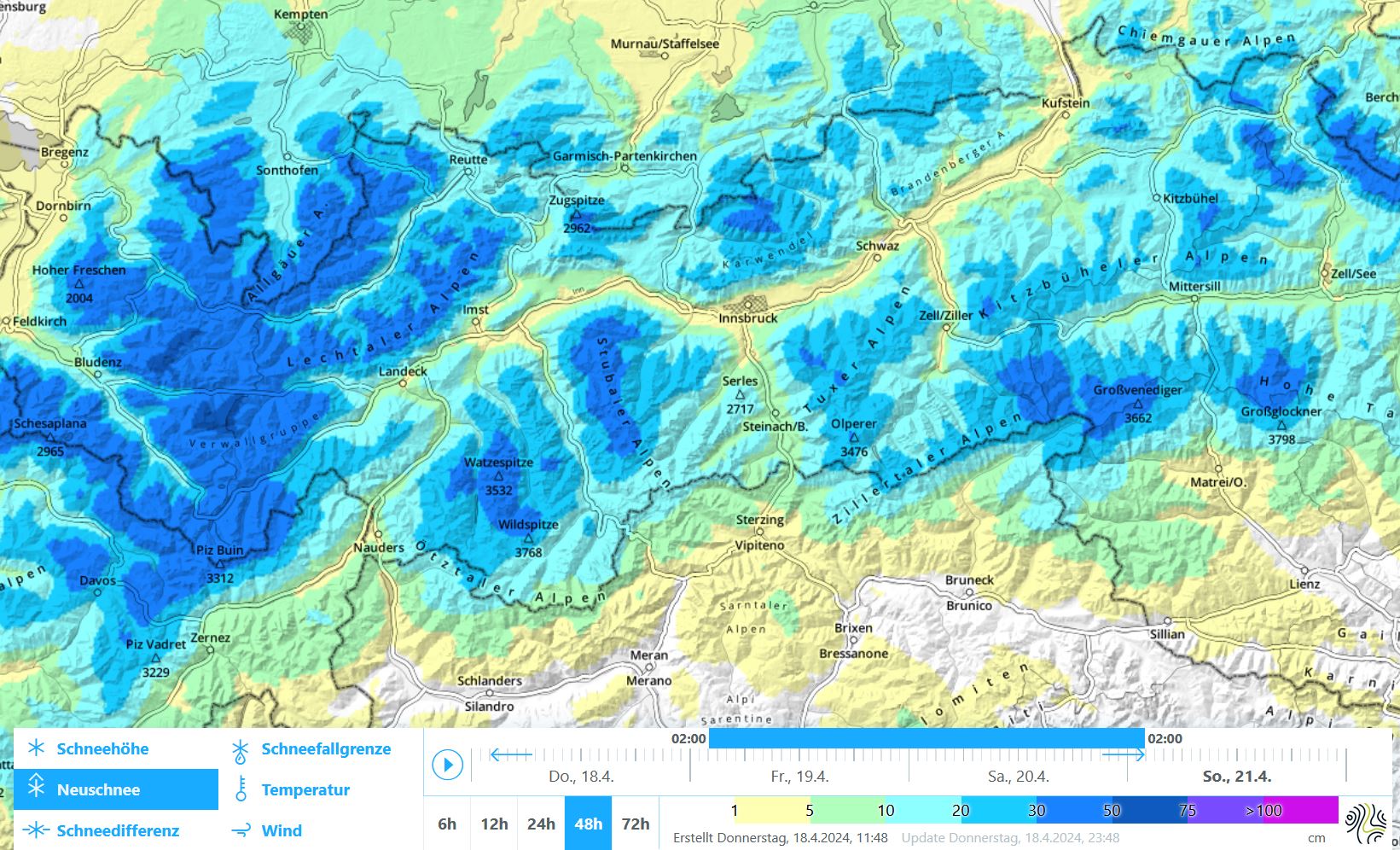 48h- Neuschneesumme (inkl. Setzung) von Freitag, 19.04. und Samstag, 20.04. Es ist nicht unwahrscheinlich, dass - abweichend dieser prognostizierten Verteilung - die Nordstaulagen am meisten Neuschnee abbekommen werden.