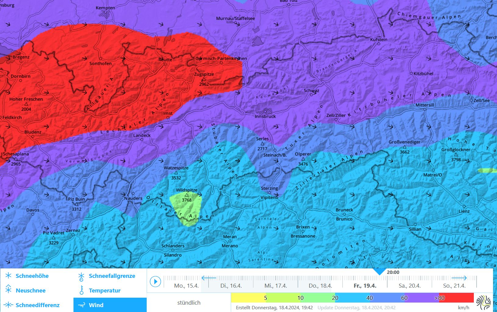 Prognostizierter Mittelwind in 3000m Höhe: Der Wind weht am Freitagabend zunächst stark bis stürmisch aus westlichen Richtungen, dreht bis Samstag vermehrt auf Nord und lässt an Stärke etwas nach.