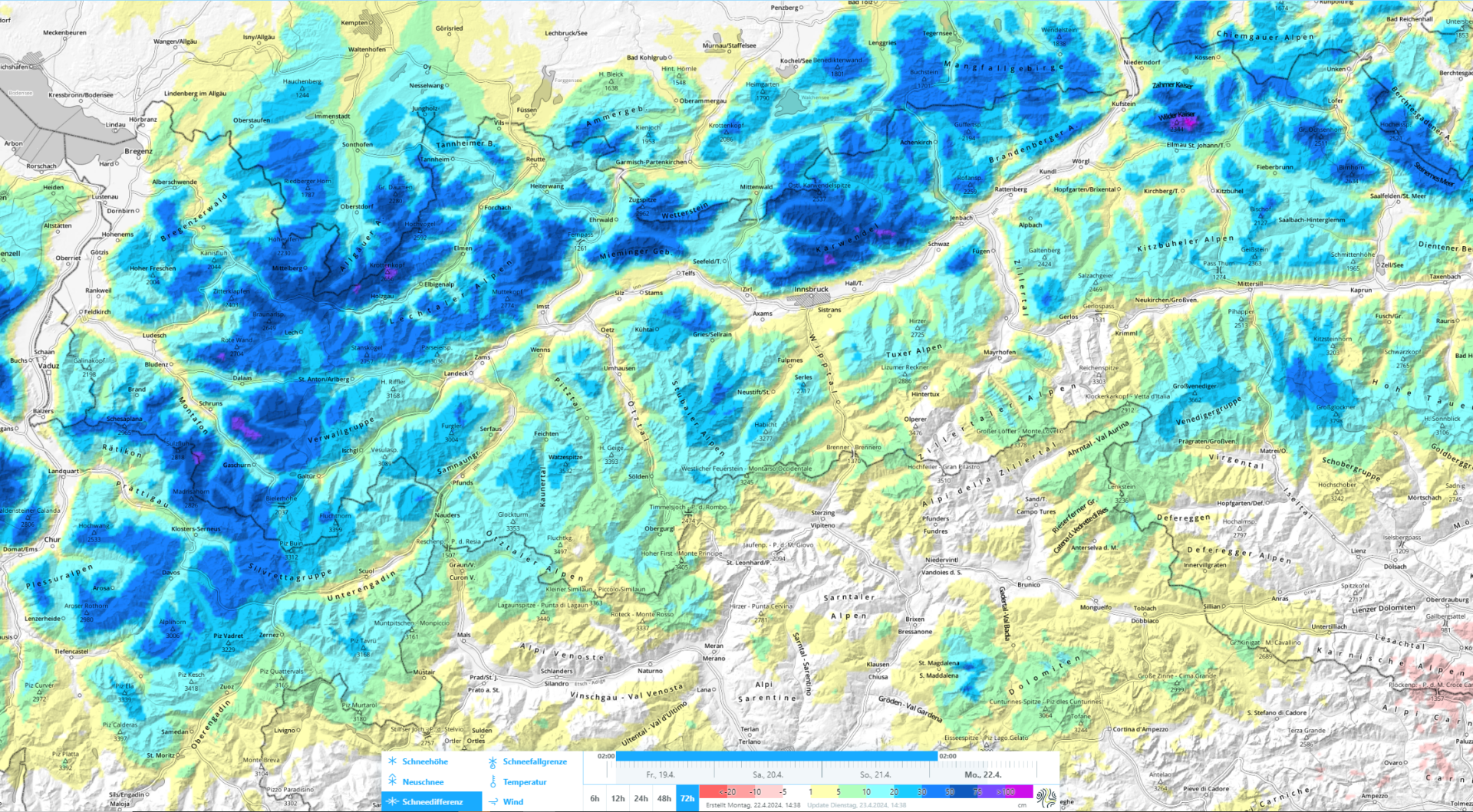 72h-Schneedifferenz 22.04.-19.04.2024. Besonders niederschlagsreich: Der Westen und Norden: Nicht ersichtlich: Auch am Alpenhauptkamm fiel in großen Höhen sehr viel Schnee