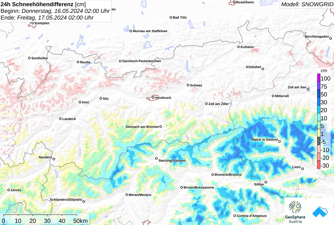 24h Schneehöhendifferenz des Niederschlags von Donnerstag Nacht (16.05.)