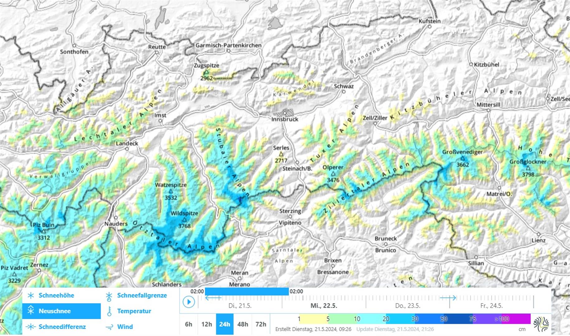 In den nächsten 24 Stunden fallen entlang des Alpenhauptkamms verbreitet 10-20cm Neuschnee, lokal auch bis zu 30cm.
