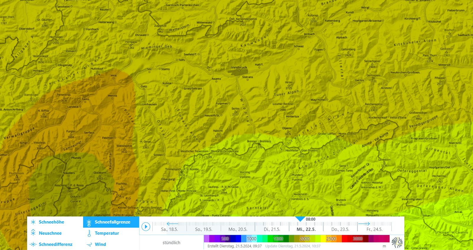 Schneefallgrenze für Mittwoch, 22.05.2024 morgens um 08:00.