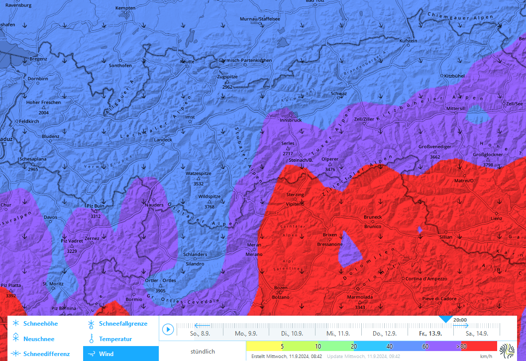 Ab Freitagmittag nimmt der Nordwind entlang des Hauptkamms und südlich davon deutlich zu und erreicht in exponierten Lagen Geschwindigkeiten von über 100 km/h.