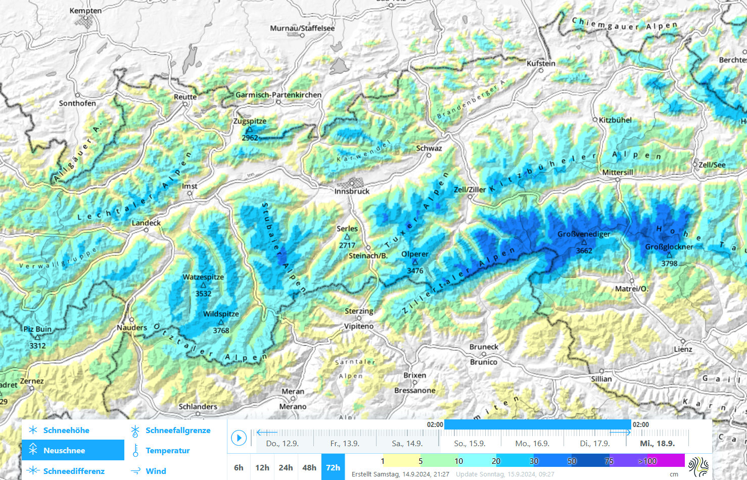Neuschneeprognose bis inkl. Dienstag, 17.9. Das Hauptniederschlagsgebiet liegt entlang der Zillertaler Alpen und den Hohen Tauern. Am wenigsten Neuschnee fällt im südlichen Osttirol.