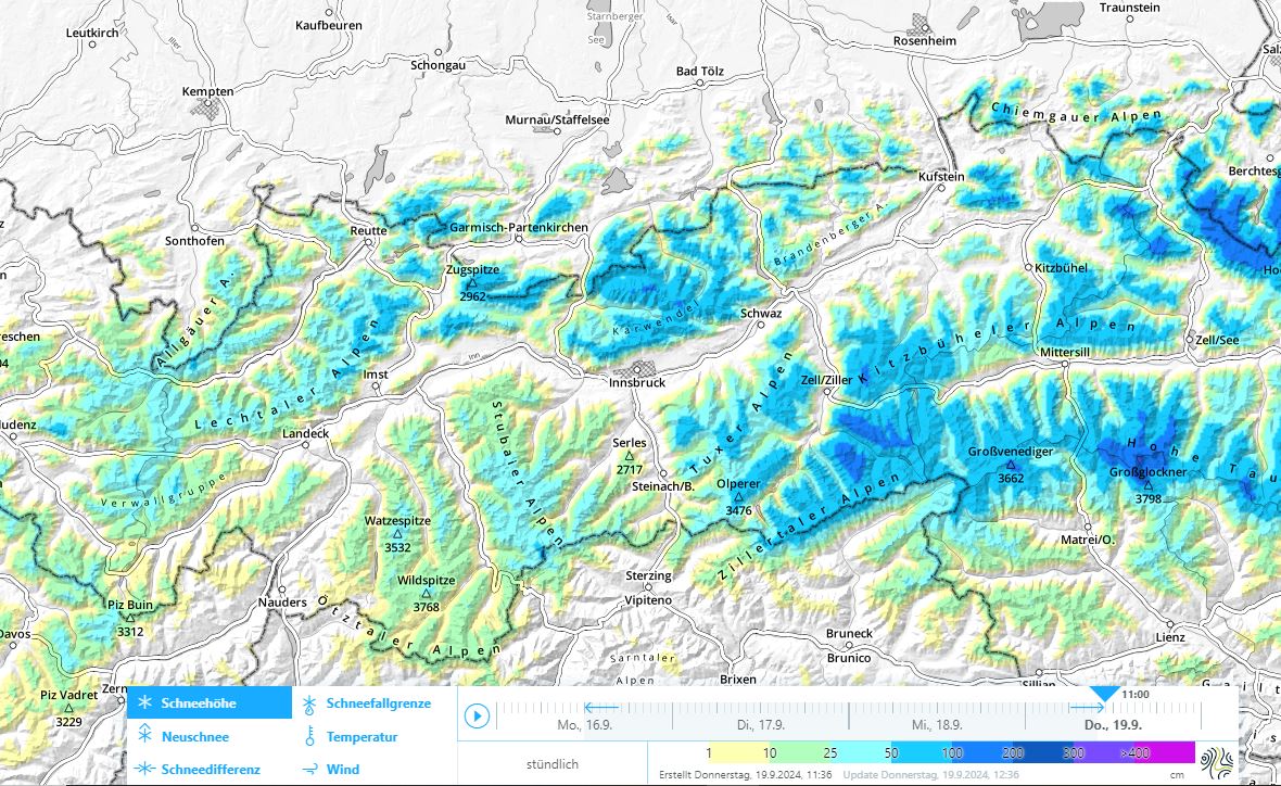 Aktuelle Schneehöhenkarte: Am meisten Schnee liegt derzeit in den Nordalpen sowie allgemein östlich des Wipptals sowie im nördlichen Osttirol. Besonders hier muss bei Unternehmungen am Wochenende die Gefahr von Gleitschneelawinen beachtet werden.
