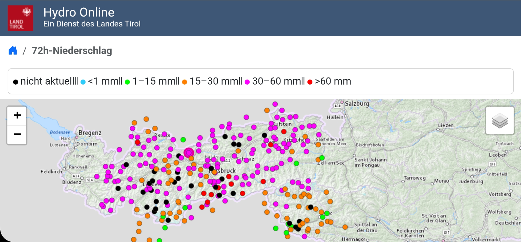 72h Niederschlagsverteilung vom 29.09.2024 (© Hydro Online)