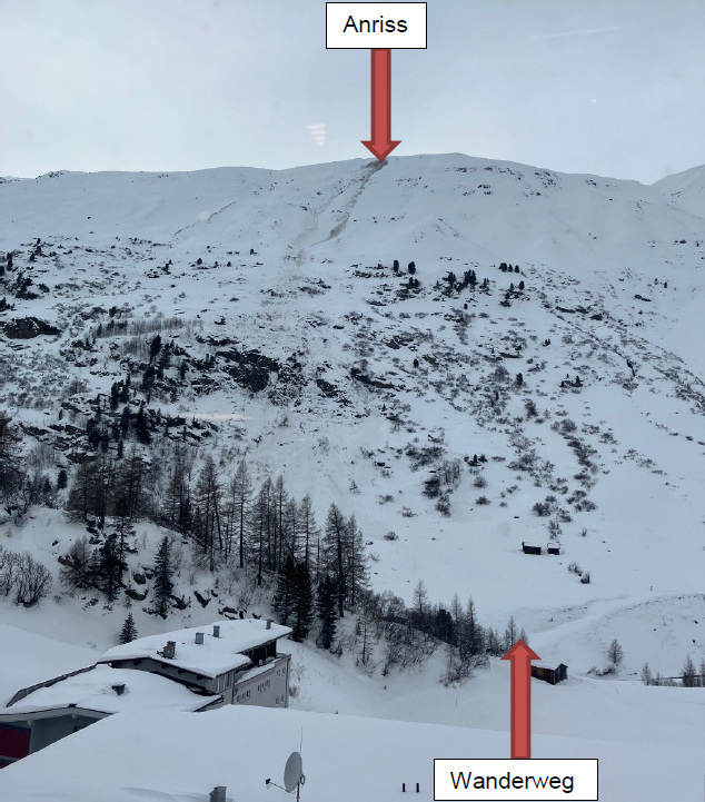 Im Bild markiert sind der Anriss der Gleitschneelawine sowie der Wanderweg, auf dem die Fußgängerin vom Staubanteil der Lawine erfasst wurde. (Foto: 24.12.2023) © Alpinpolizei.