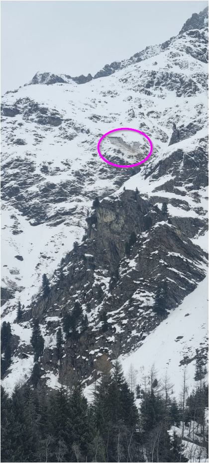 Marchlehnrinne bei Tieflehn im Pitztal. Man erkennt die typisch braun gefärbte Ablagerung der Gleitschneelawine. (Foto: 26.01.2024) © Alpinpolizei.