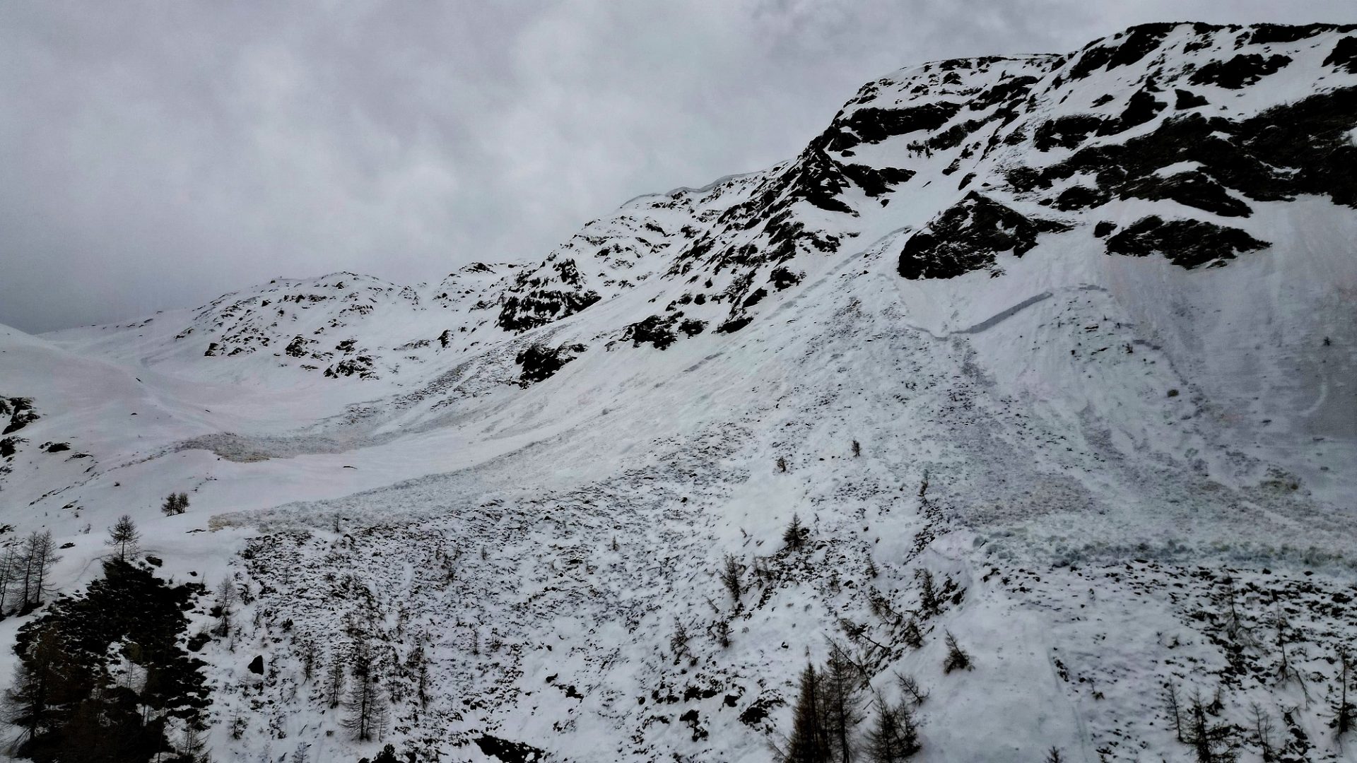 Ebenfalls am 15. April: eine spontane, große nasse Schneebrettlawine an einem Nordhang auf ca. 2300 m im Defereggental. (Foto: 16.04.2024) © Mark Kleinlercher.