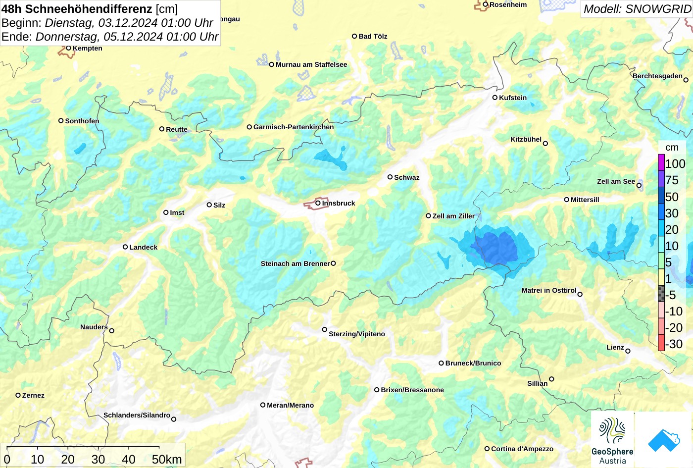 48h-Schneehöhendifferenz: Die vergangenen Niederschläge brachten meist um 10cm Neuschnee