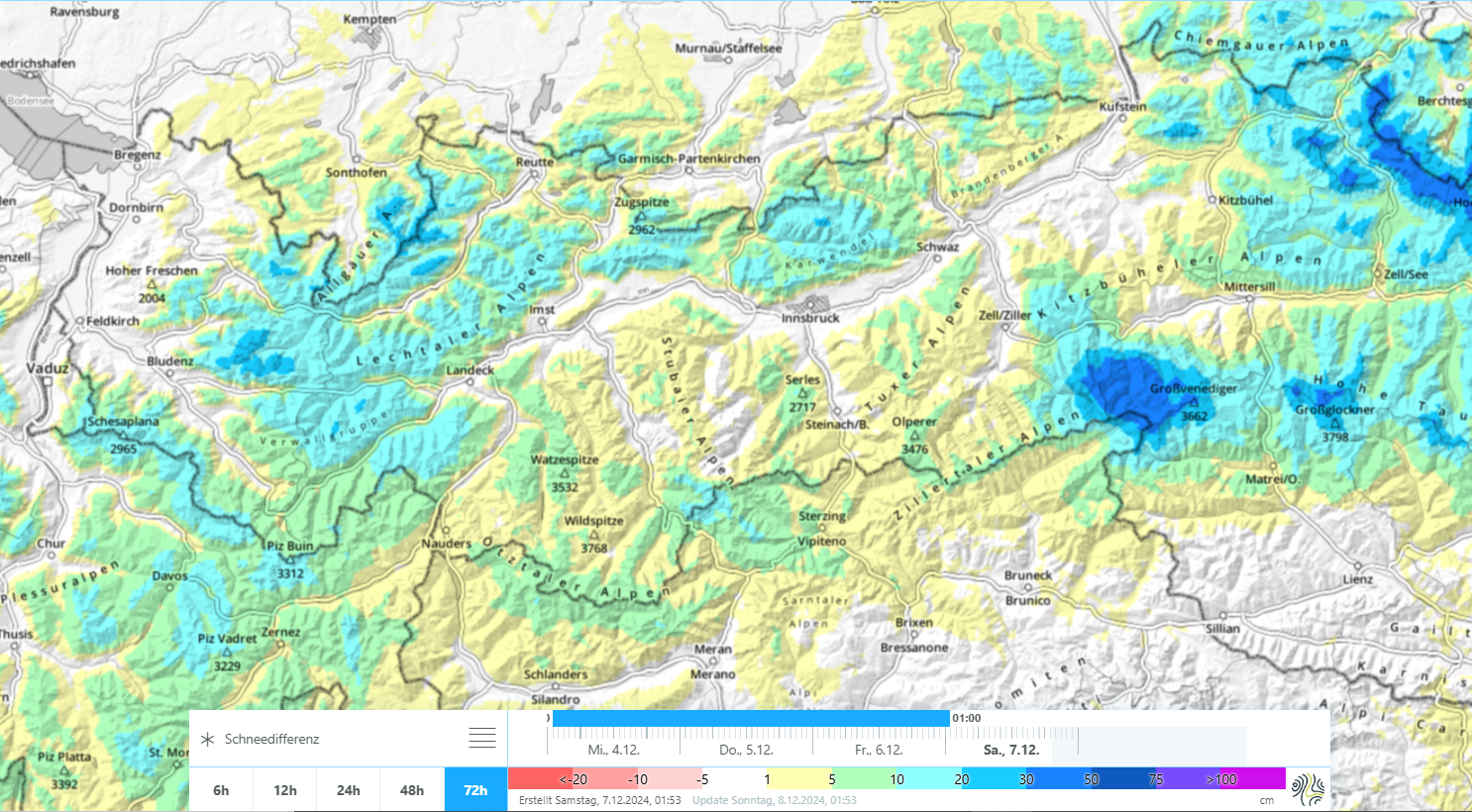 Modellierte Schneehöhenverteilung vom 12. Dezember. Im Westen liegt derzeit am meisten Schnee. Die Schneebedeckung lässt hier – glatter Untergrund vorausgesetzt – auch bereits einige Schwünge ohne Bodenkontakt zu.