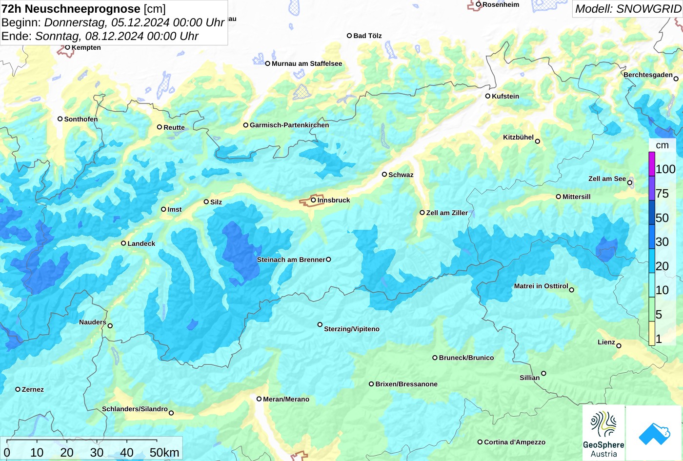 72 Neuschneeprognose bis 08.12.2024 00:00 Uhr.