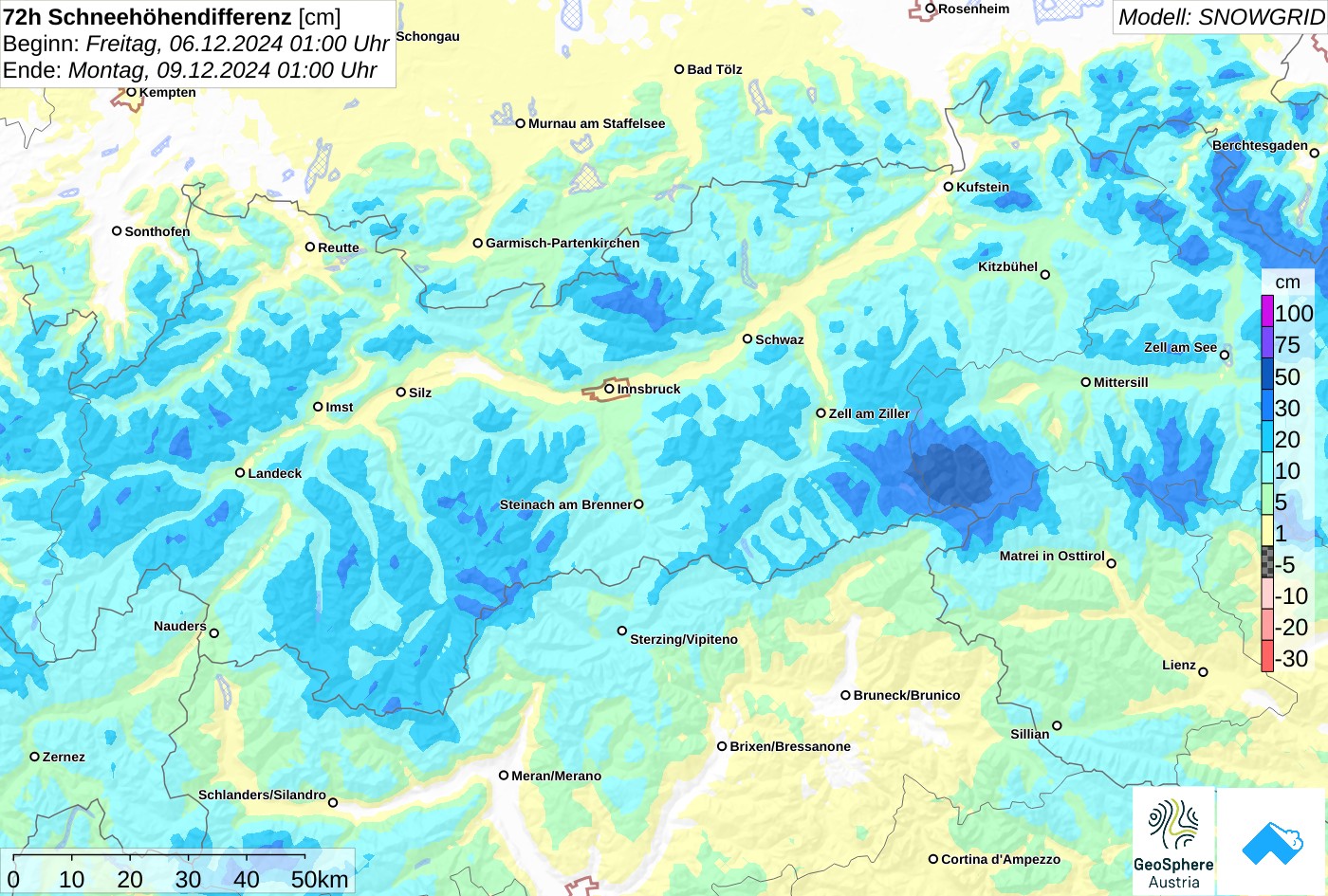 72h- Schneehöhendifferenz von Freitag 06.12. bis Montag, 09.12. In Summe brachten die Warmfront am Freitag sowie die darauffolgende Kaltfront am Sonntag über ganz Nordtirol ähnlich viel Neuschnee.