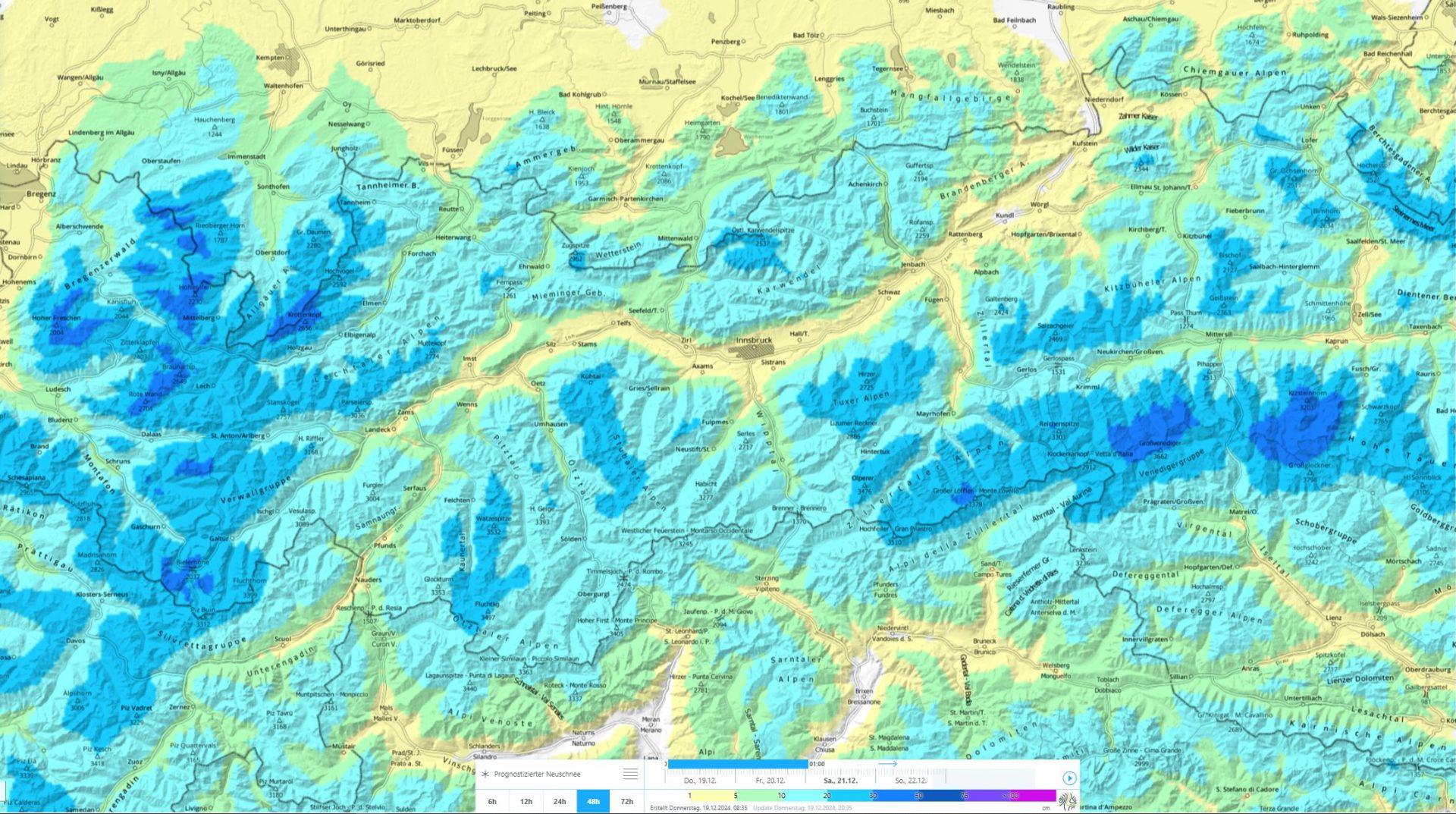 48h Neuschneeprognose. Der intensive Schneefall ab Sonntag, den 22.12. ist hier noch nicht abgebildet.