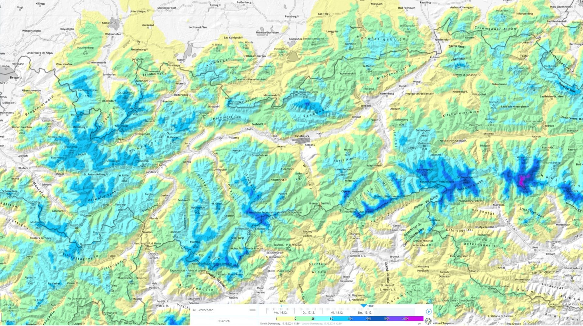 Karte der Gesamtschneehöhe in Tirol