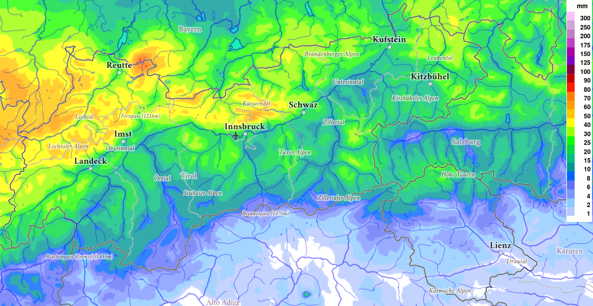 Niederschlagsmengen in Millimeter der vergangenen 72h (24.12.2024, 07:00 Uhr): Im Norden und Westen fielen verbreitet 40 bis 70mm, im Süden und Osten 20 bis 40mm. Bis Dienstagabend kommen verbreitet noch rund 5-10mm hinzu (©GeoSphere).